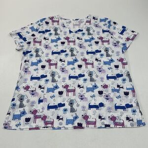 Women's Scrub Top White With Blue/purple Print V-Neck Short Sleeve, Size 2XL